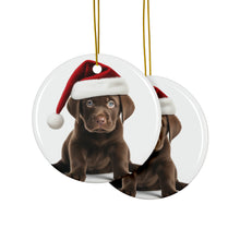 DistinctInk Hanging Ceramic Christmas Tree Ornament with Gold String - Great Gift/Present - 2 3/4 inch Diameter - Labrador Retriever Puppy Design