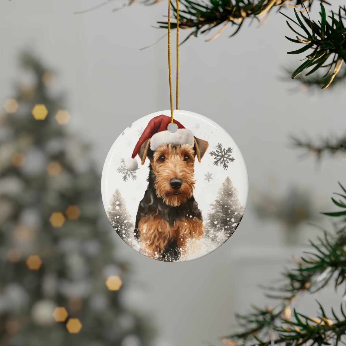 Hanging Ceramic Christmas Tree Ornament with Gold String - Welsh Terrier Design, view 3