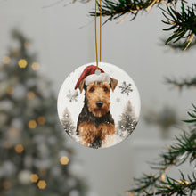 DistinctInk Hanging Ceramic Christmas Tree Ornament with Gold String - Great Gift/Present - 2 3/4 inch Diameter - Welsh Terrier Design