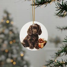 DistinctInk Hanging Ceramic Christmas Tree Ornament with Gold String - Great Gift/Present - 2 3/4 inch Diameter - Field Spaniel Puppy Drawing Design