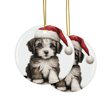 DistinctInk Hanging Ceramic Christmas Tree Ornament with Gold String - Great Gift/Present - 2 3/4 inch Diameter - Havanese Puppy Drawing Design