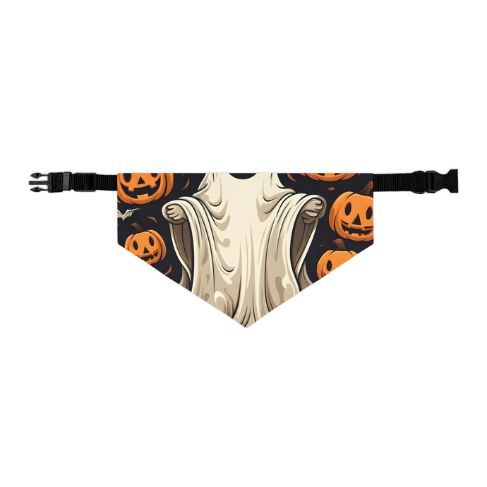 DistinctInk Adjustable Pet Banana Collar with Ghastly Skeletal Pumpkin Patch Design for Halloween
