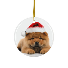 DistinctInk Hanging Ceramic Christmas Tree Ornament with Gold String - Great Gift/Present - 2 3/4 inch Diameter - Chow Chow Puppy Design