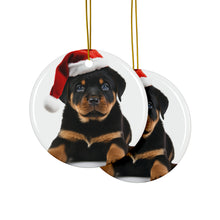 DistinctInk Hanging Ceramic Christmas Tree Ornament with Gold String - Great Gift/Present - 2 3/4 inch Diameter - Rottweiler Puppy Design