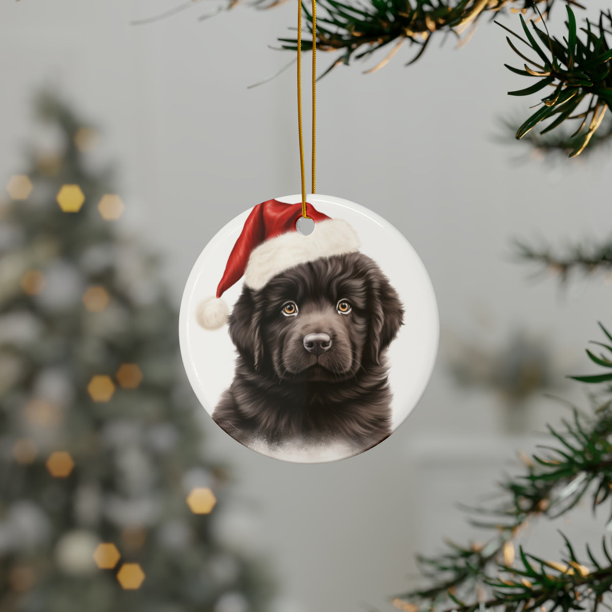 Hanging Ceramic Christmas Tree Ornament with Gold String - Newfoundland Puppy Drawing Design, view 3