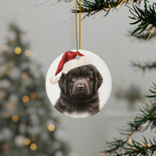 DistinctInk Hanging Ceramic Christmas Tree Ornament with Gold String - Great Gift/Present - 2 3/4 inch Diameter - Newfoundland Puppy Drawing Design