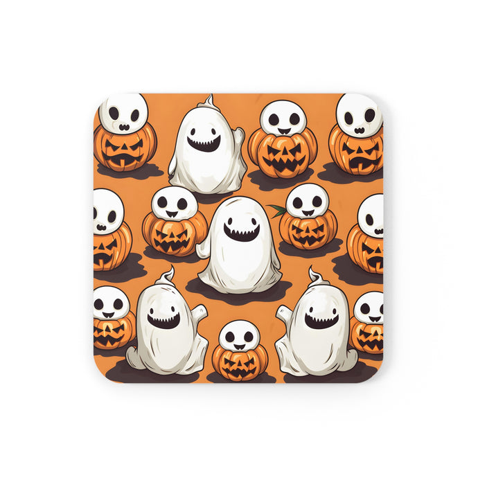 DistinctInk (Set of 4) Corkwood Coasters with Skeletal Ghost in a PumpkinDesign for Halloween