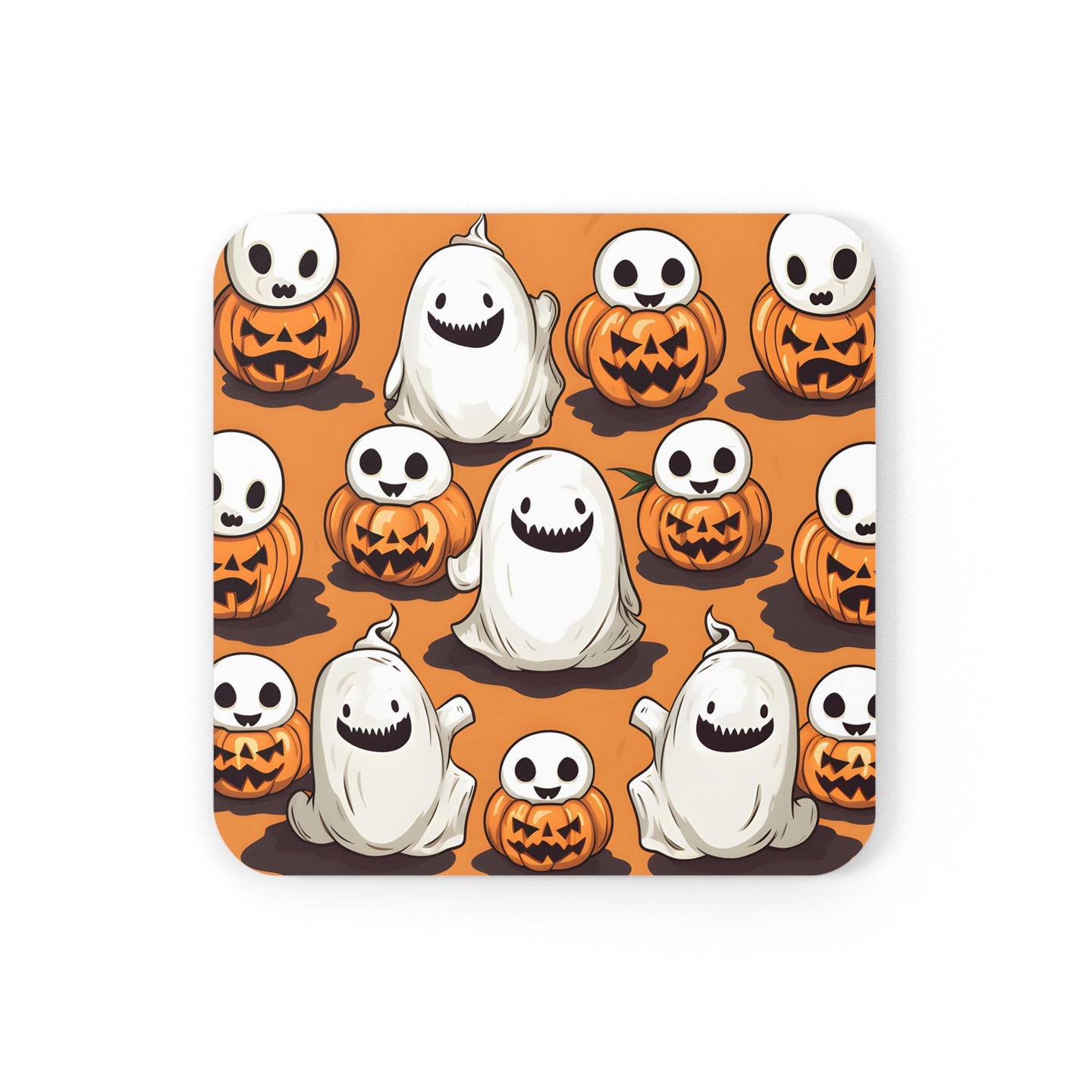 DistinctInk (Set of 4) Corkwood Coasters with Skeletal Ghost in a PumpkinDesign for Halloween