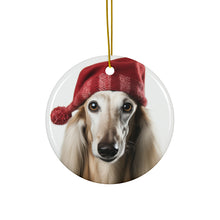 DistinctInk Hanging Ceramic Christmas Tree Ornament with Gold String - Great Gift/Present - 2 3/4 inch Diameter - Saluki Design