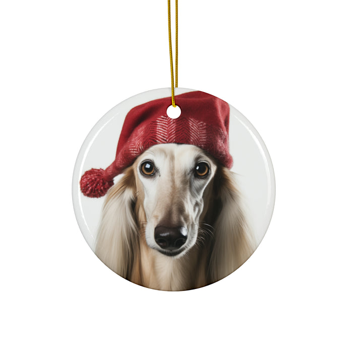 DistinctInk Hanging Ceramic Christmas Tree Ornament with Gold String - Great Gift/Present - 2 3/4 inch Diameter - Saluki Design