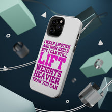 DistinctInk ToughCase for Apple iPhone, Compatible with MagSafe Charging - Lipstick & High Heels Can Life Weights Heavier