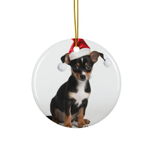 DistinctInk Hanging Ceramic Christmas Tree Ornament with Gold String - Great Gift/Present - 2 3/4 inch Diameter - Toy Fox Terrier Puppy Design