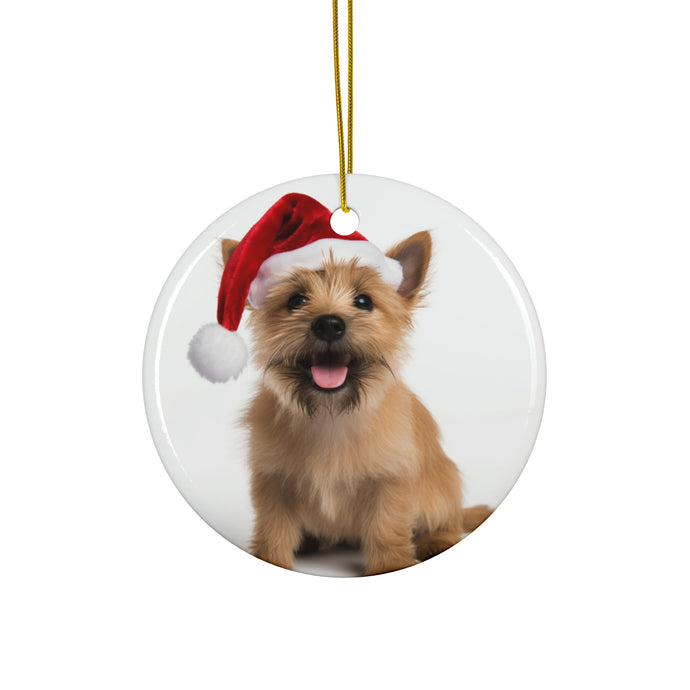 DistinctInk Hanging Ceramic Christmas Tree Ornament with Gold String - Great Gift/Present - 2 3/4 inch Diameter - Norwich Terrier Design