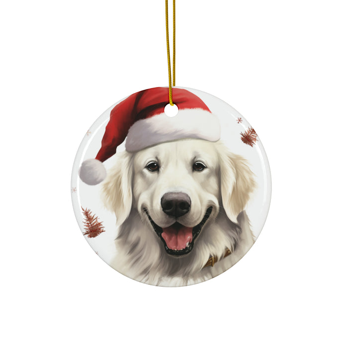 DistinctInk Hanging Ceramic Christmas Tree Ornament with Gold String - Great Gift/Present - 2 3/4 inch Diameter - Great Pyrenee Design