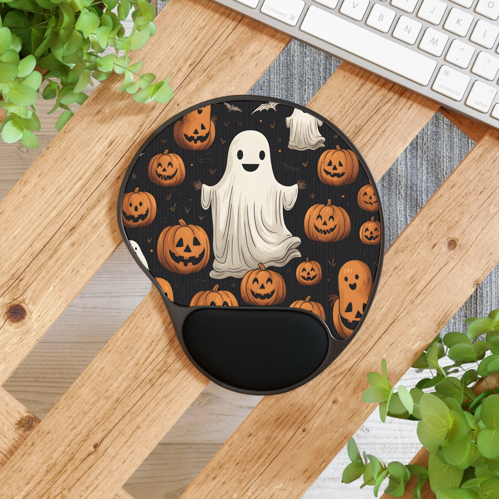 Mouse Pad with Wrist Rest with Ghastly Skeleton Pumpkin Design for Halloween, view 4