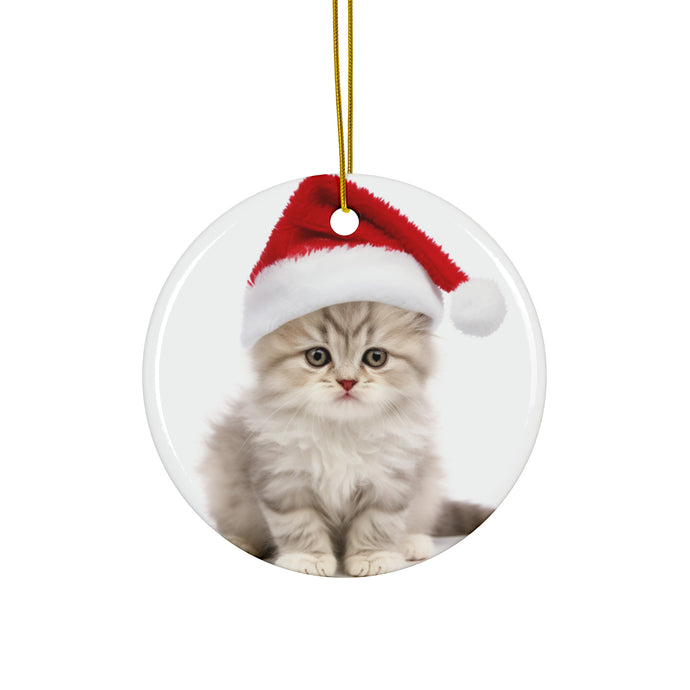 DistinctInk Hanging Ceramic Christmas Tree Ornament with Gold String - Great Gift/Present - 2 3/4 inch Diameter - Selkirk Rex Kitten Design