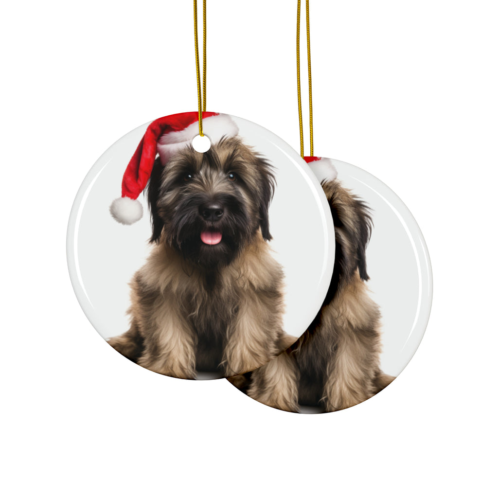 Hanging Ceramic Christmas Tree Ornament with Gold String - Briard Puppy Design, view 2