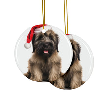 DistinctInk Hanging Ceramic Christmas Tree Ornament with Gold String - Great Gift/Present - 2 3/4 inch Diameter - Briard Puppy Design