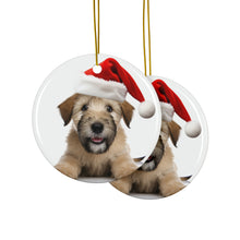 DistinctInk Hanging Ceramic Christmas Tree Ornament with Gold String - Great Gift/Present - 2 3/4 inch Diameter - Soft Coated Wheaten Terrier Puppy Design
