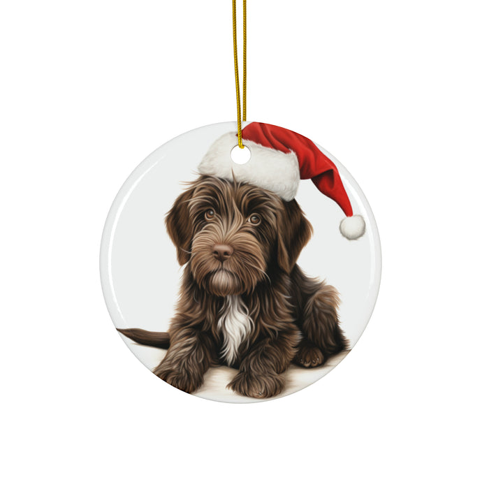 DistinctInk Hanging Ceramic Christmas Tree Ornament with Gold String - Great Gift/Present - 2 3/4 inch Diameter - Wirehaired Pointing Griffon Puppy Drawing Design
