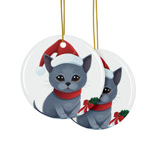 DistinctInk Hanging Ceramic Christmas Tree Ornament with Gold String - Great Gift/Present - 2 3/4 inch Diameter - Korat Cat Design