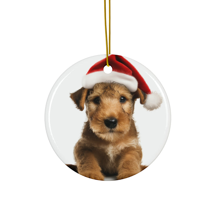 DistinctInk Hanging Ceramic Christmas Tree Ornament with Gold String - Great Gift/Present - 2 3/4 inch Diameter - Lakeland Terrier Puppy Design
