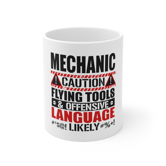 DistinctInk Glossy White Coffee / Tea Mug - Mechanic Flying Tools & Offensive Language