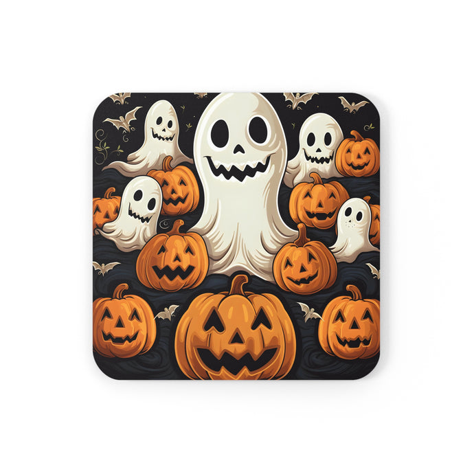 DistinctInk (Set of 4) Corkwood Coasters with Haunted Skeleton Jack-O-LanternDesign for Halloween