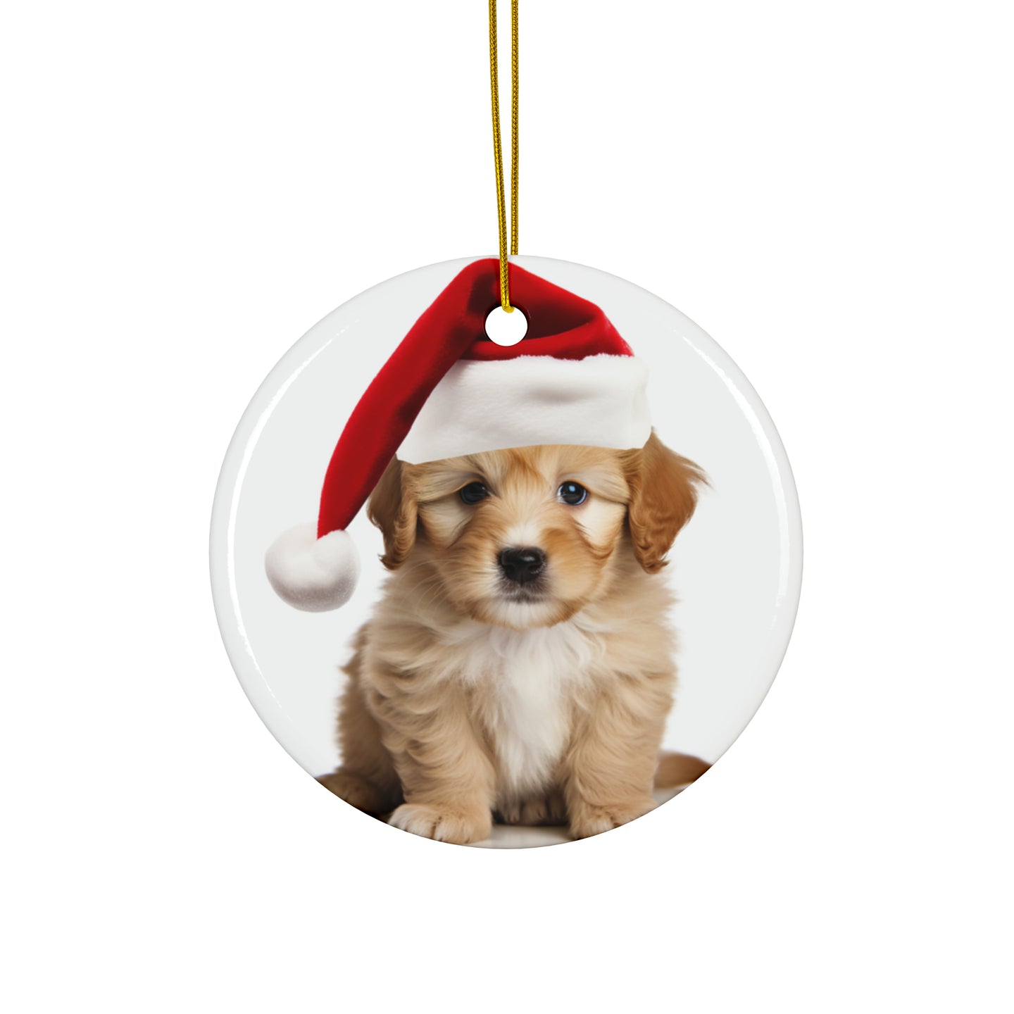 DistinctInk Hanging Ceramic Christmas Tree Ornament with Gold String - Great Gift/Present - 2 3/4 inch Diameter - Lagotti Romagnoli Puppy Design