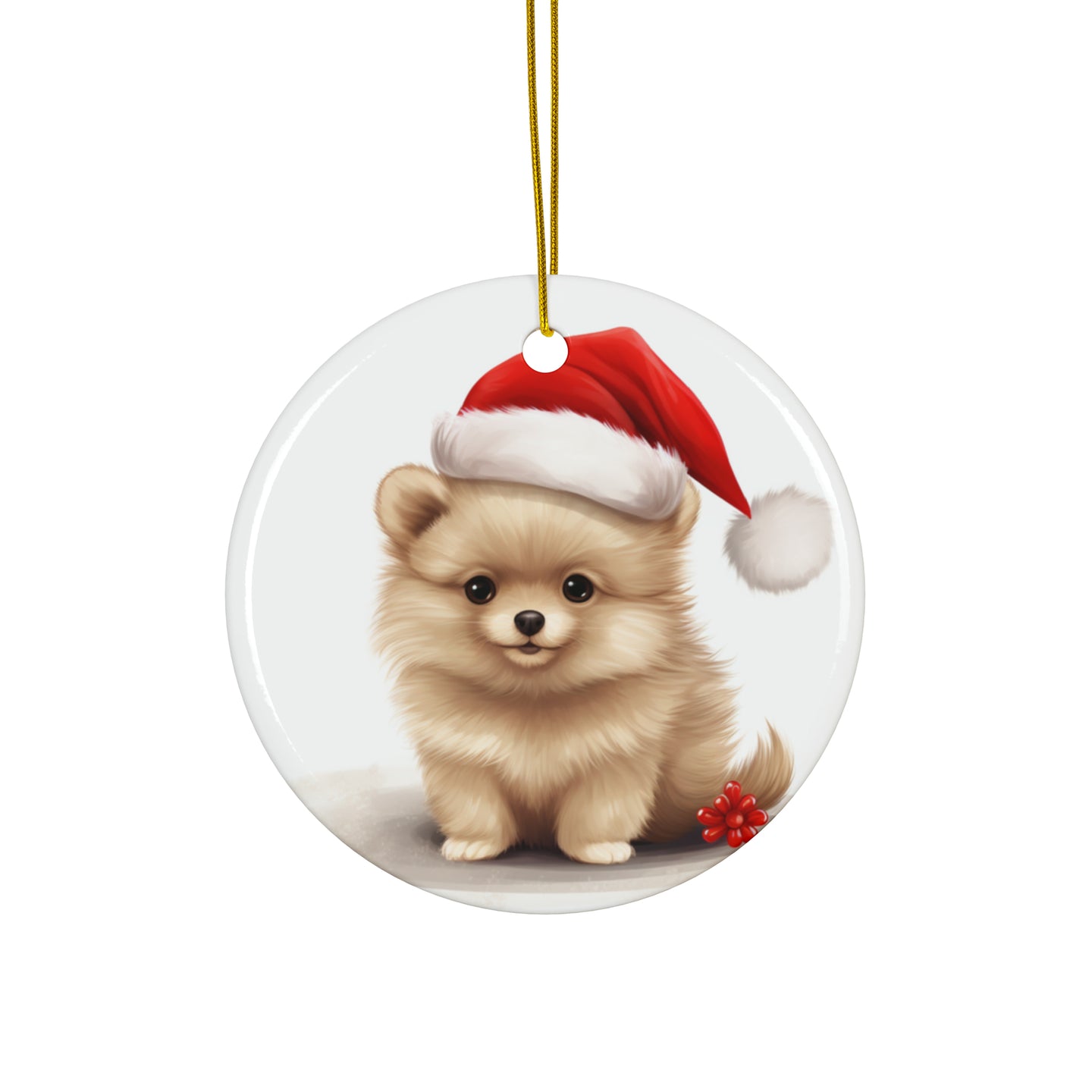 DistinctInk Hanging Ceramic Christmas Tree Ornament with Gold String - Great Gift/Present - 2 3/4 inch Diameter - Pomeranian Puppy Drawing Design