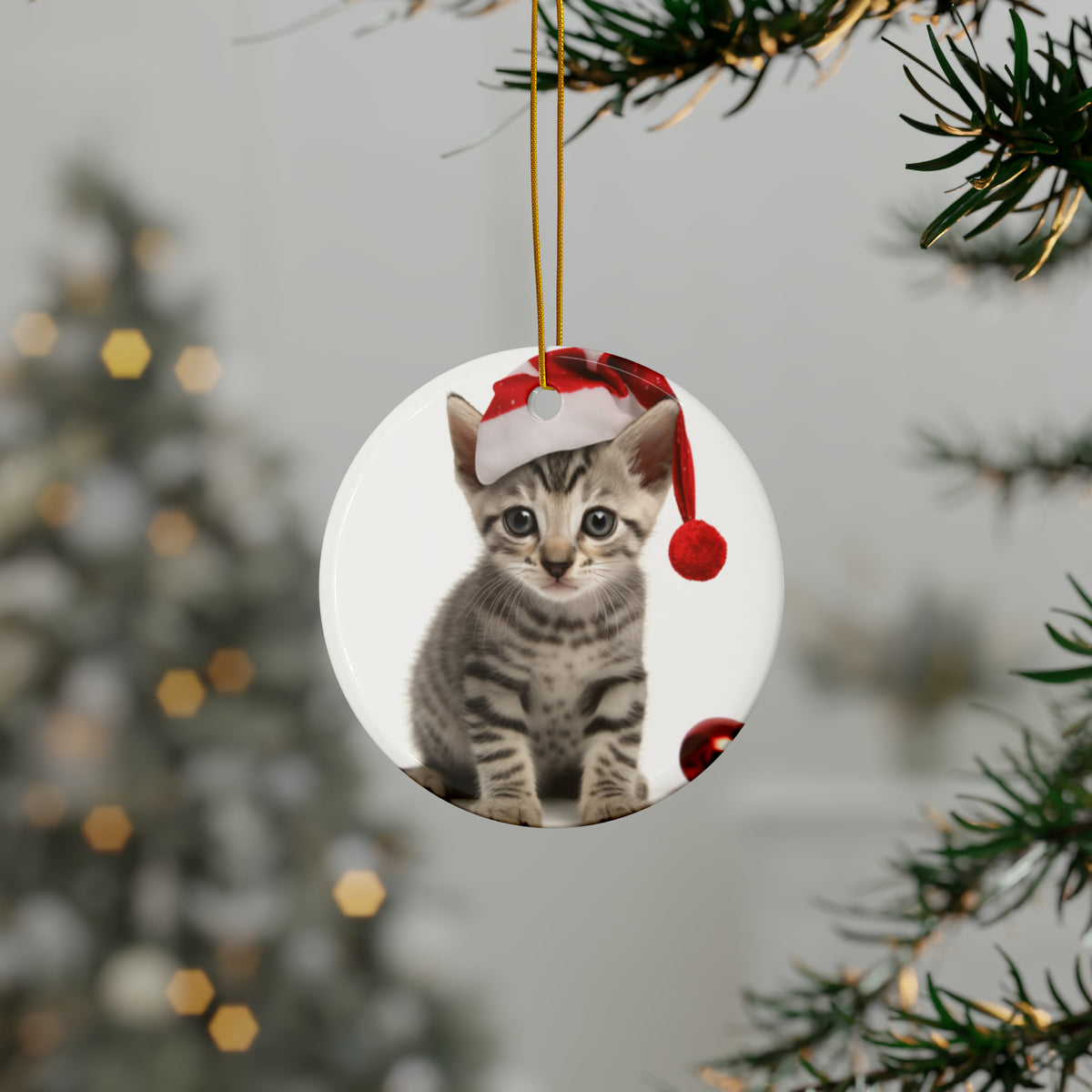 Hanging Ceramic Christmas Tree Ornament with Gold String - Egyptian Mau Kitten Design, view 3