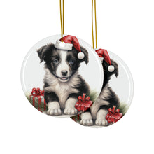 DistinctInk Hanging Ceramic Christmas Tree Ornament with Gold String - Great Gift/Present - 2 3/4 inch Diameter - Border Collie Puppy Drawing Design