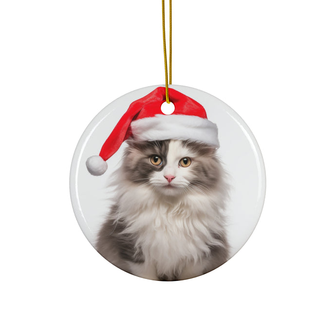 DistinctInk Hanging Ceramic Christmas Tree Ornament with Gold String - Great Gift/Present - 2 3/4 inch Diameter - American Curl Cat Design