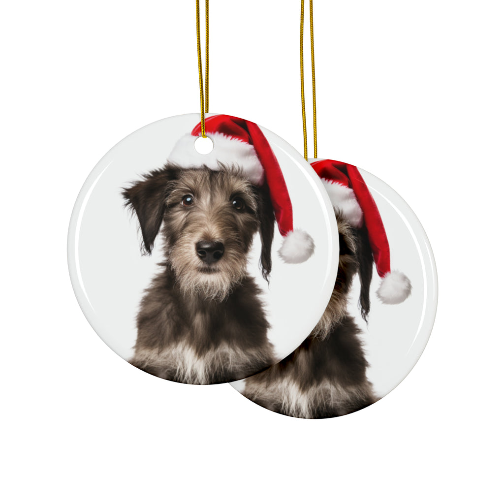 Hanging Ceramic Christmas Tree Ornament with Gold String - Scottish Deerhound Puppy Design, view 2
