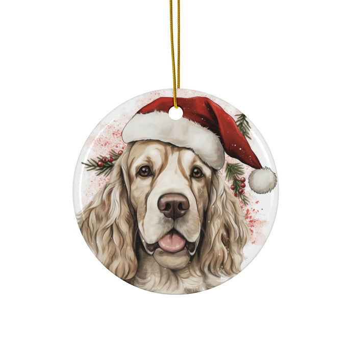 DistinctInk Hanging Ceramic Christmas Tree Ornament with Gold String - Great Gift/Present - 2 3/4 inch Diameter - Clumber Spaniel Design