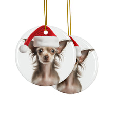 DistinctInk Hanging Ceramic Christmas Tree Ornament with Gold String - Great Gift/Present - 2 3/4 inch Diameter - Chinese Crested Puppy Design