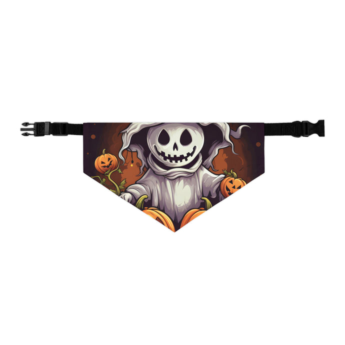 DistinctInk Adjustable Pet Banana Collar with Trick or Treat Ghost-O-Lantern Design for Halloween