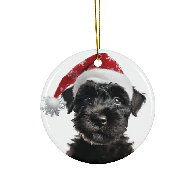 DistinctInk Hanging Ceramic Christmas Tree Ornament with Gold String - Great Gift/Present - 2 3/4 inch Diameter - Kerry Blue Terrier Puppy Design