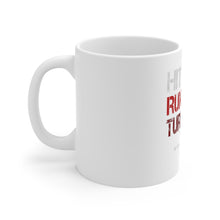 DistinctInk Glossy White Coffee / Tea Mug - Hit Hard Run Fast Turn Left Baseball