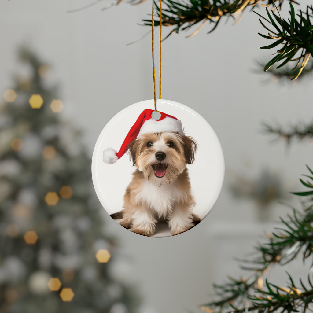 Hanging Ceramic Christmas Tree Ornament with Gold String - Biewer Terrier Design, view 3