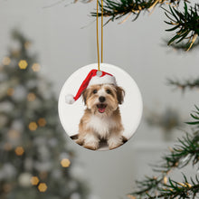 DistinctInk Hanging Ceramic Christmas Tree Ornament with Gold String - Great Gift/Present - 2 3/4 inch Diameter - Biewer Terrier Design