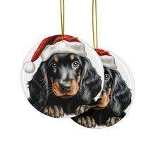 DistinctInk Hanging Ceramic Christmas Tree Ornament with Gold String - Great Gift/Present - 2 3/4 inch Diameter - Gordon Setter Puppy Drawing Design