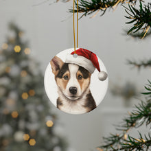 DistinctInk Hanging Ceramic Christmas Tree Ornament with Gold String - Great Gift/Present - 2 3/4 inch Diameter - Canaan Dog Puppy Drawing Design