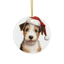 DistinctInk Hanging Ceramic Christmas Tree Ornament with Gold String - Great Gift/Present - 2 3/4 inch Diameter - Wire Fox Terrier Puppy Drawing Design