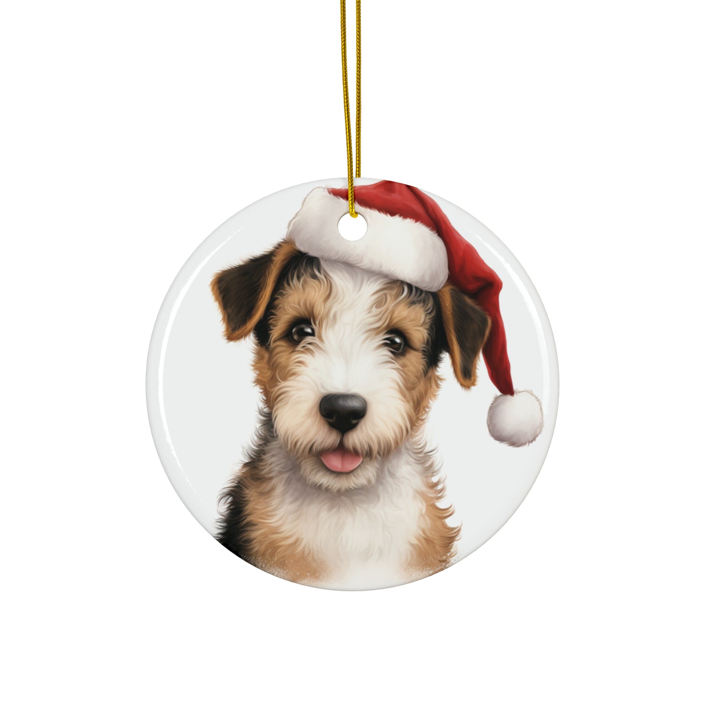 DistinctInk Hanging Ceramic Christmas Tree Ornament with Gold String - Great Gift/Present - 2 3/4 inch Diameter - Wire Fox Terrier Puppy Drawing Design