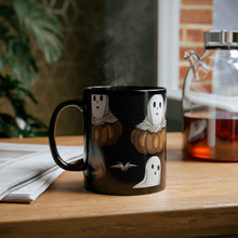 DistinctInk Black Coffee Mug - Skeletal Ghostly Pumpkin Patch for Halloween