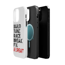 DistinctInk ToughCase for Apple iPhone, Compatible with MagSafe Charging - Build Tune Race Break Fix Repeat