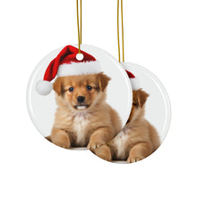 DistinctInk Hanging Ceramic Christmas Tree Ornament with Gold String - Great Gift/Present - 2 3/4 inch Diameter - Komondorok Puppy Design