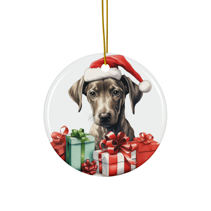 DistinctInk Hanging Ceramic Christmas Tree Ornament with Gold String - Great Gift/Present - 2 3/4 inch Diameter - Azawakh Puppy Drawing Design