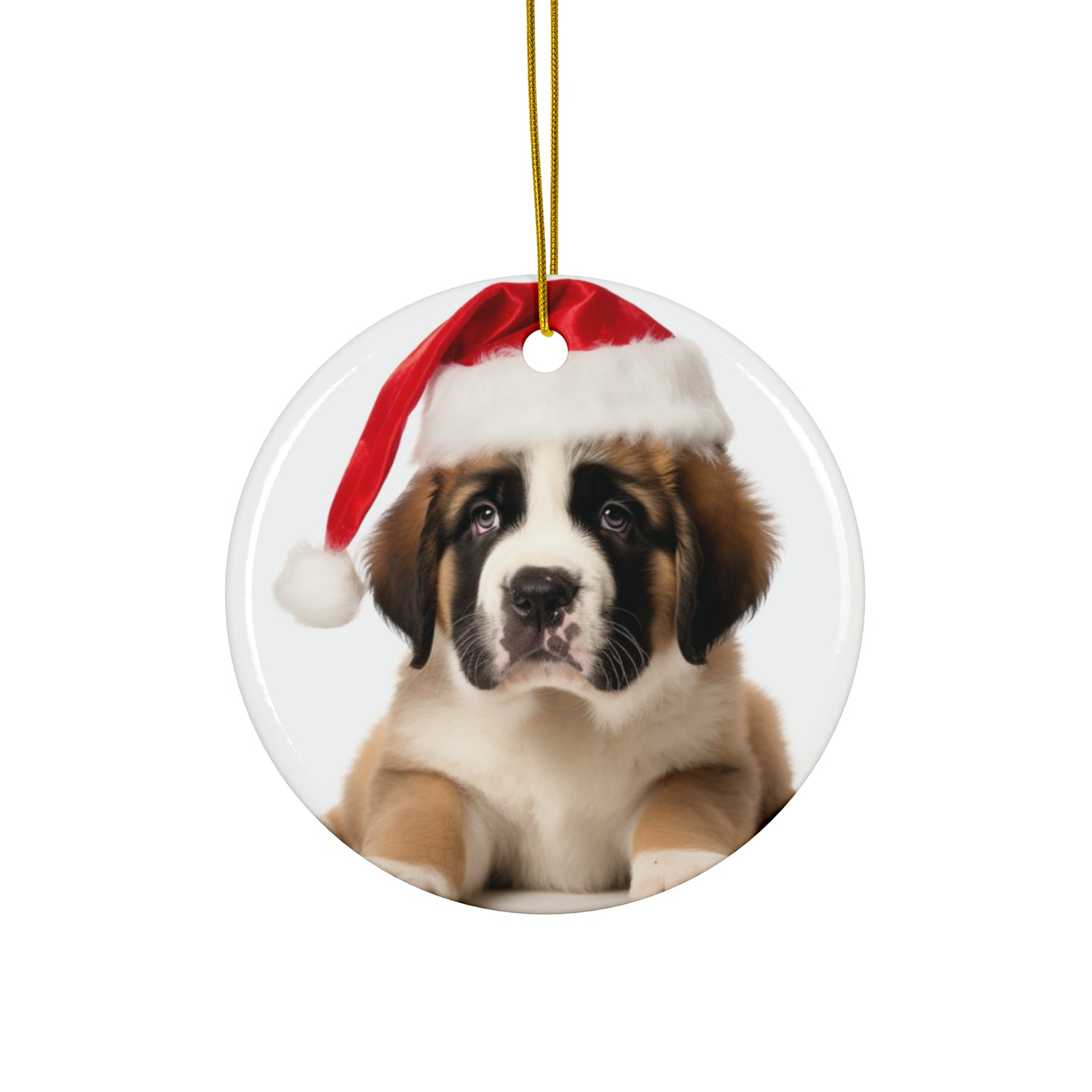 DistinctInk Hanging Ceramic Christmas Tree Ornament with Gold String - Great Gift/Present - 2 3/4 inch Diameter - St. Bernard Puppy Design
